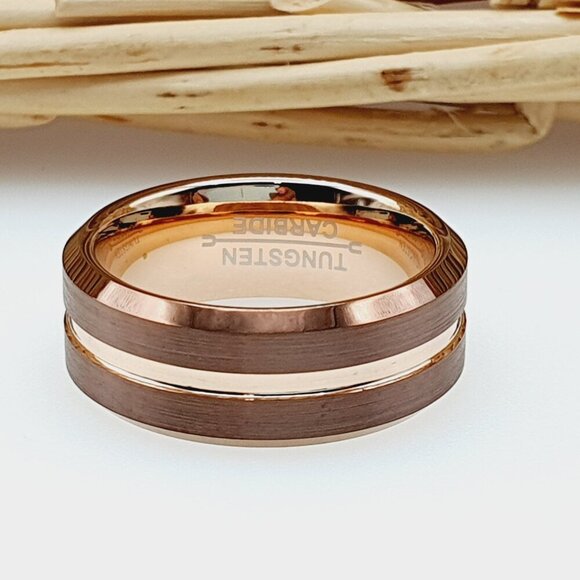 Brown and Rose Gold Tungsten Men's Wedding Ring, GALTUN600 - Picture 5 of 10